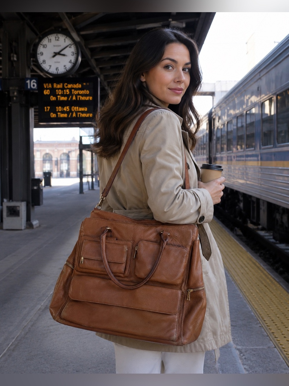 Danier Genuine Leather Multi-Pocket Overnight|Briefcase|Tote Cognac Brown